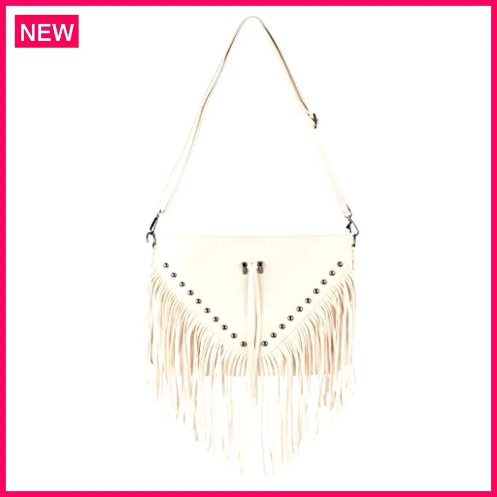 Large Leather Fringe Messenger Hobo Crossbody Bag with Tassel - Picture 2 of 8